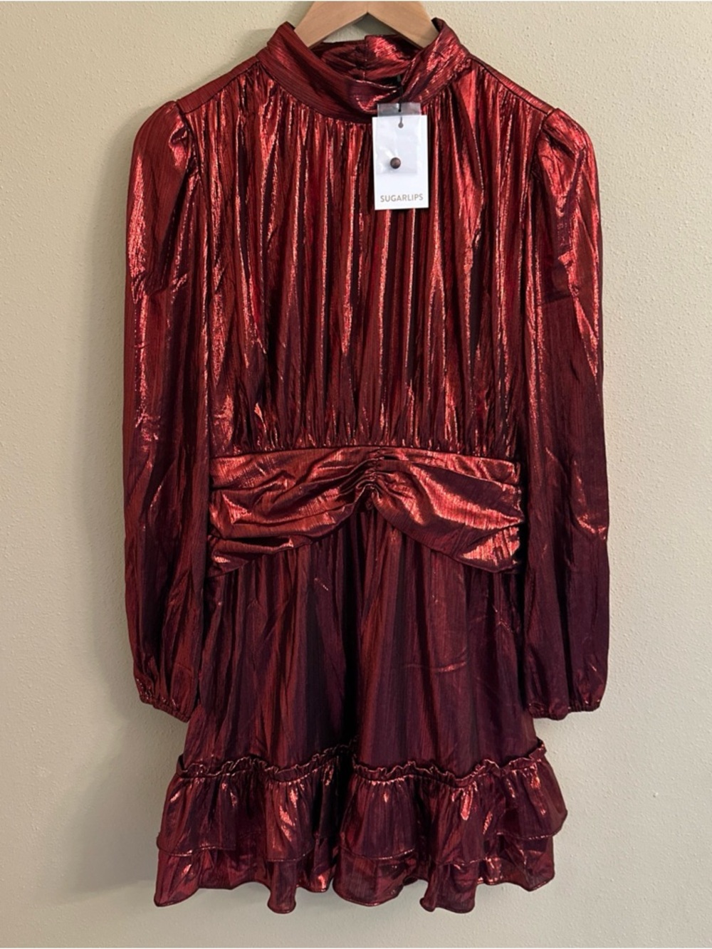 Sugarlips Admired Liquid Satin Shirred Ruffle Dress Red Shiny Metalic Rave Party